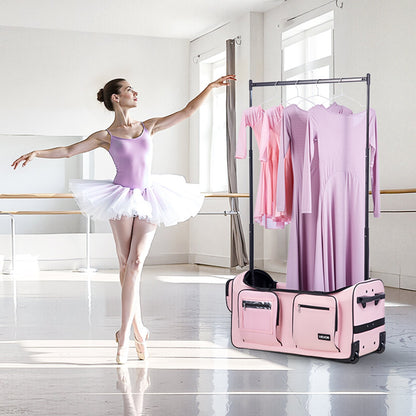 Dance Bag with Garment Rack, 736.6 mm Rolling Dance Duffel, with Wheels, Height Adjustable Clothes Rack, USB Port, Privacy Protection Curtain, Ideal for Travel and Competitions, Matte Pink