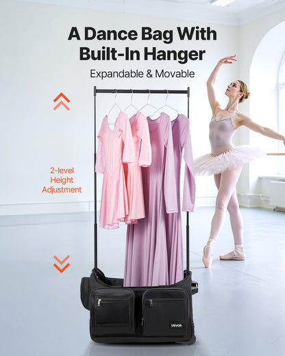 Dance Bag with Garment Rack, 584.2 mm Rolling Dance Duffel, with Wheels, USB Port, Height Adjustable Clothes Rack, Privacy Protection Curtain, Ideal for Travel and Competitions, Matte Black