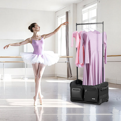 Dance Bag with Garment Rack, 584.2 mm Rolling Dance Duffel, with Wheels, USB Port, Height Adjustable Clothes Rack, Privacy Protection Curtain, Ideal for Travel and Competitions, Matte Black