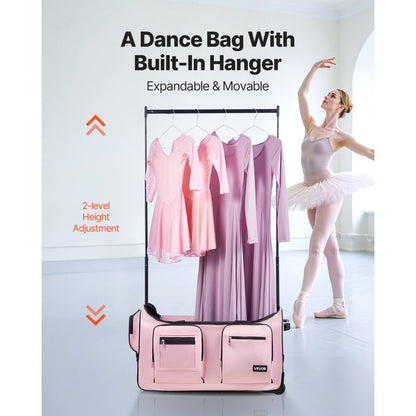 VEVOR 29 Inch Dance Bag with Garment Rack Rolling Dance Duffle for Travel Pink