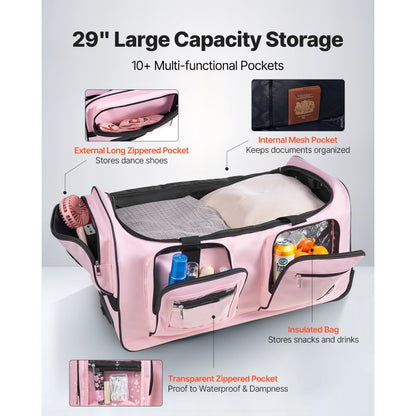 VEVOR 29 Inch Dance Bag with Garment Rack Rolling Dance Duffle for Travel Pink