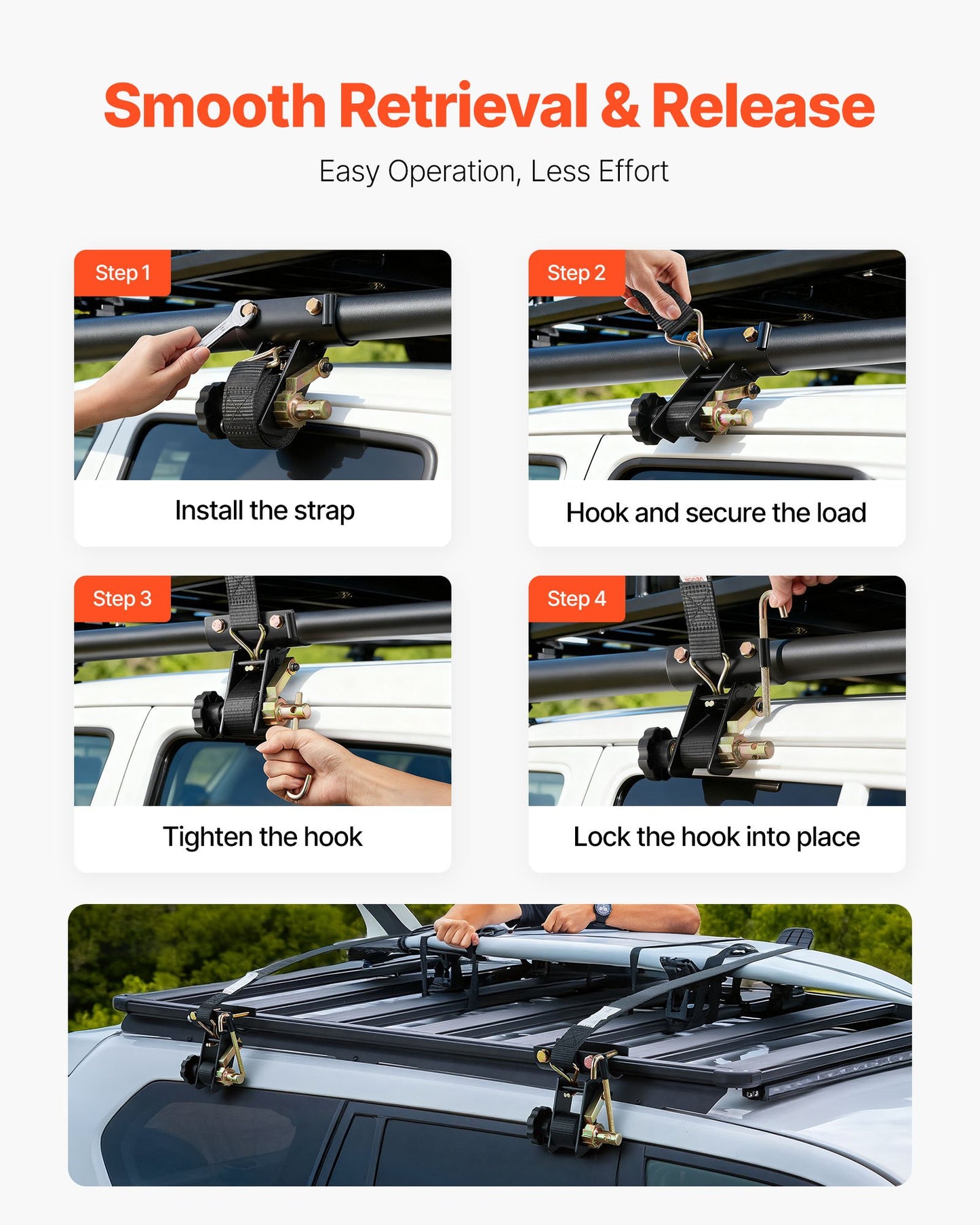 Ladder Rack Ratchet Straps, 47.6-50.8 mm Black Round Tube Mount, 38 mm Wide x 2.25 m Long Black Ladder Rack Straps with Double J-Hooks, 226.8 kg Load Heavy Duty, Cargo Buckle Lock Strap (2 Pack)