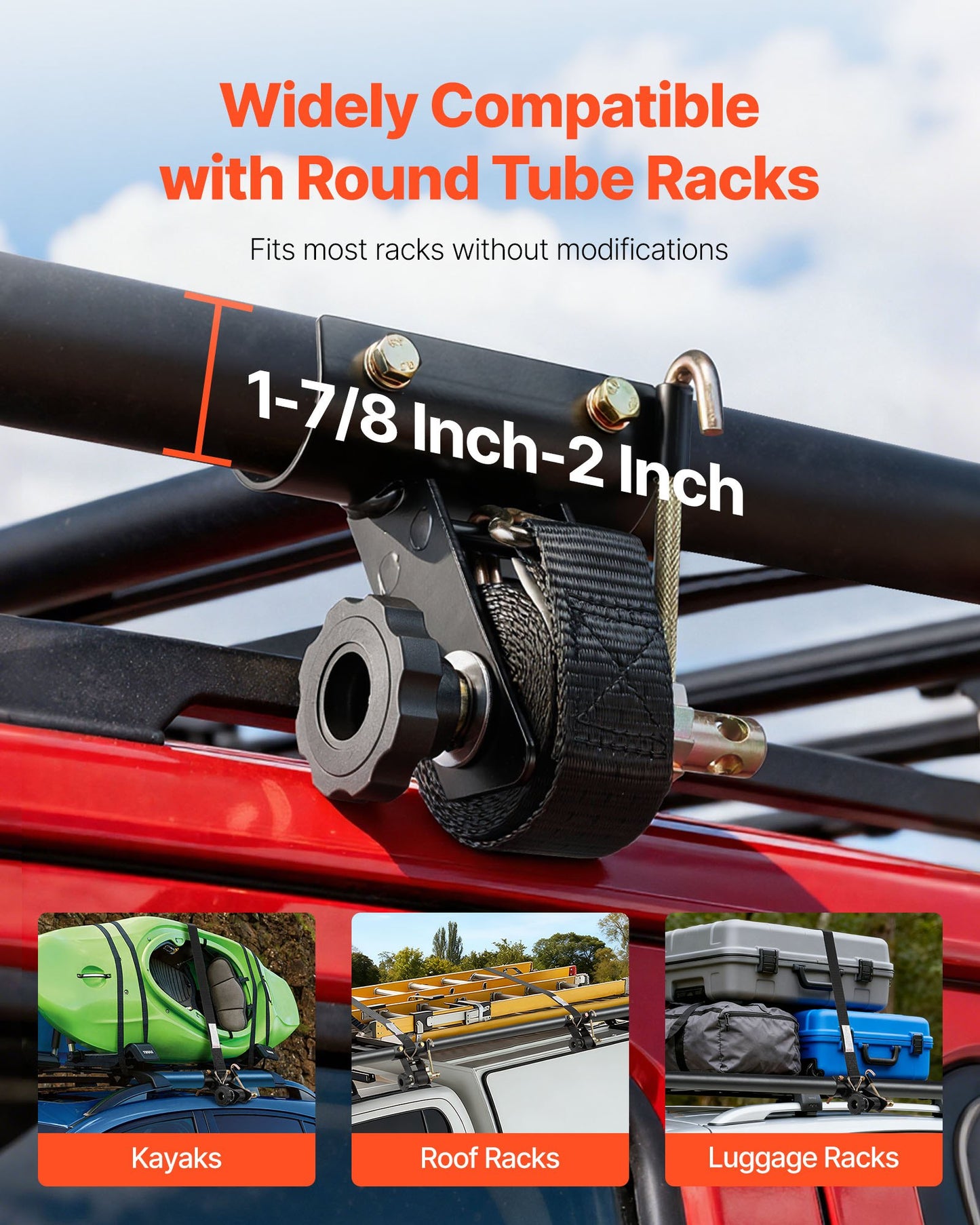 Ladder Rack Ratchet Straps, 47.6-50.8 mm Black Round Tube Mount, 38 mm Wide x 2.25 m Long Black Ladder Rack Straps with Double J-Hooks, 226.8 kg Load Heavy Duty, Cargo Buckle Lock Strap (2 Pack)