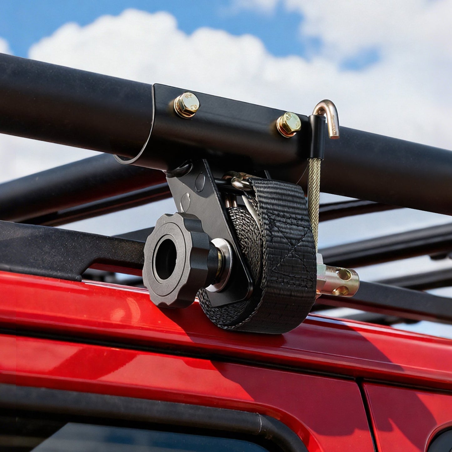 Ladder Rack Ratchet Straps, 47.6-50.8 mm Black Round Tube Mount, 38 mm Wide x 2.25 m Long Black Ladder Rack Straps with Double J-Hooks, 226.8 kg Load Heavy Duty, Cargo Buckle Lock Strap (4 Pack)