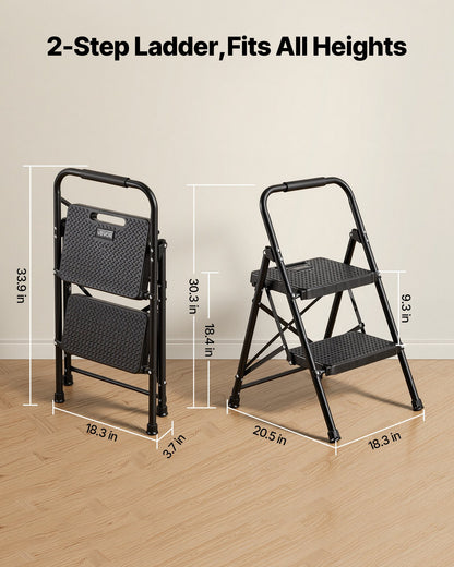 2 Step Ladder, Folding Step Stool with Wide Anti-Slip Pedal and Comfort Handgrip, Lightweight 272 kg Capacity Portable Steel Ladder, Multi-Use for Kitchen, Home, Household and Office, Black