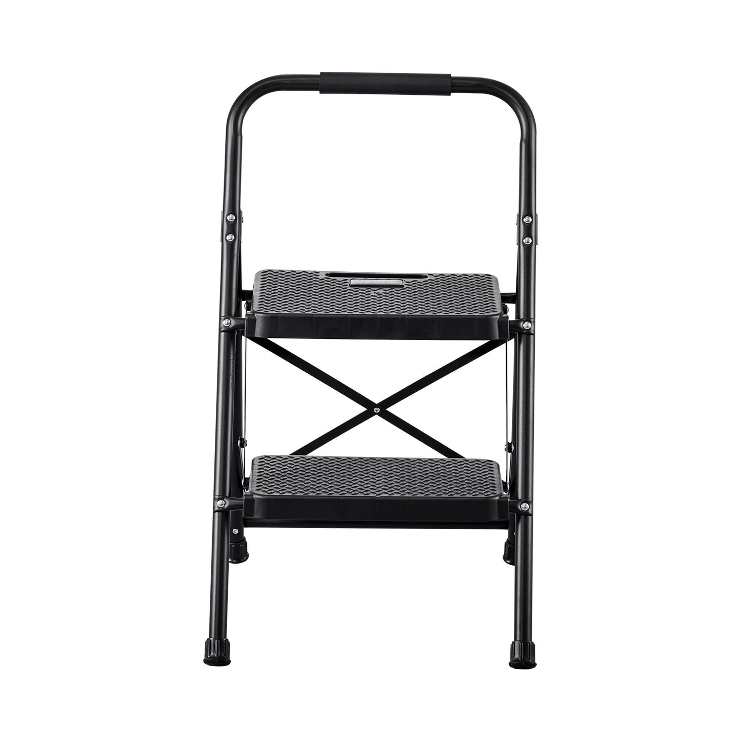 2 Step Ladder, Folding Step Stool with Wide Anti-Slip Pedal and Comfort Handgrip, Lightweight 272 kg Capacity Portable Steel Ladder, Multi-Use for Kitchen, Home, Household and Office, Black