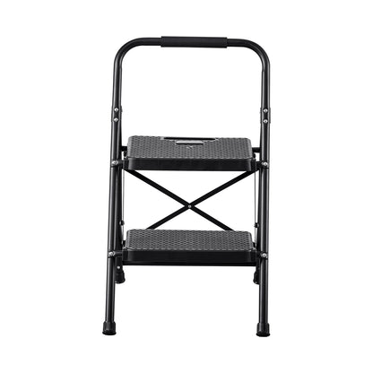 2 Step Ladder, Folding Step Stool with Wide Anti-Slip Pedal and Comfort Handgrip, Lightweight 272 kg Capacity Portable Steel Ladder, Multi-Use for Kitchen, Home, Household and Office, Black