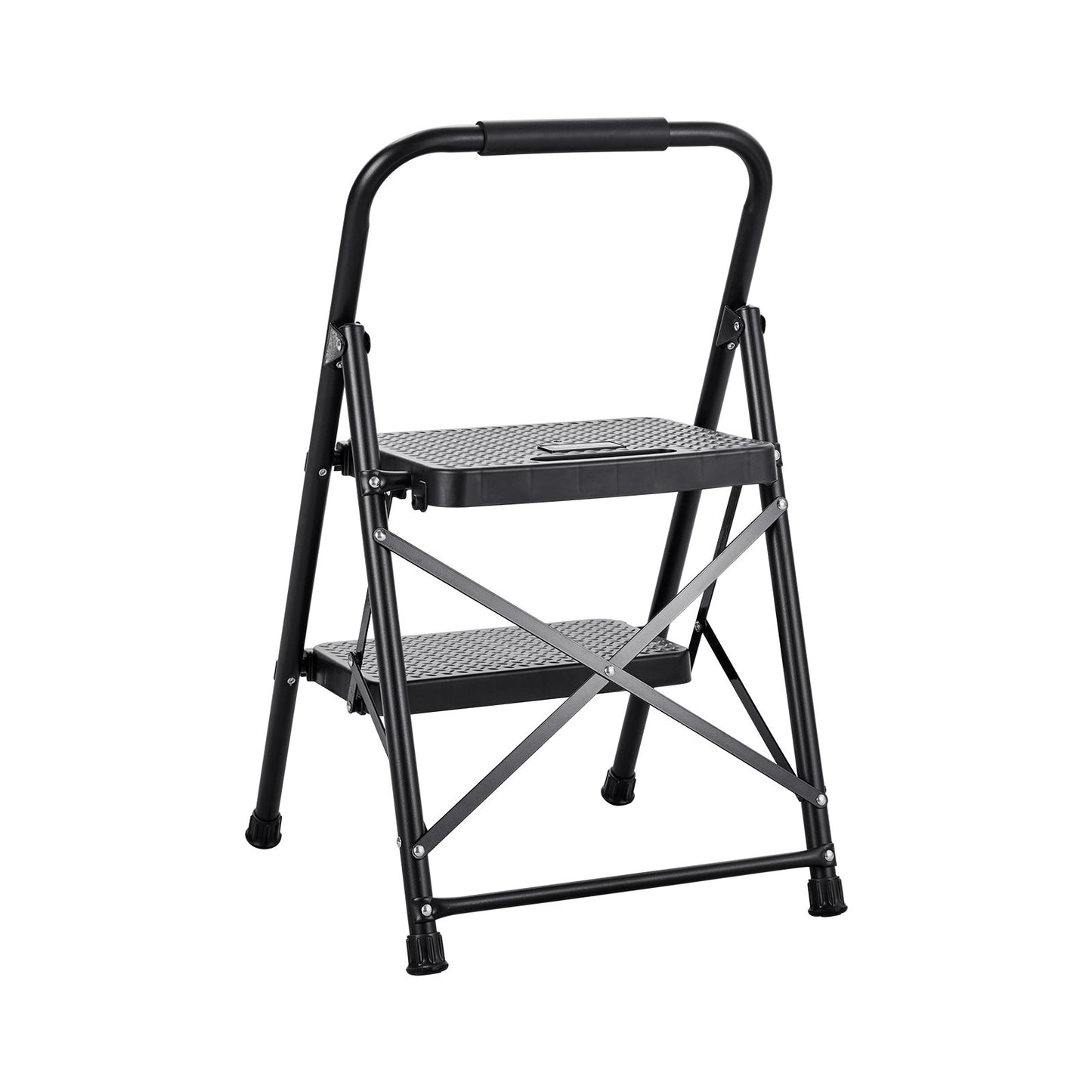 2 Step Ladder, Folding Step Stool with Wide Anti-Slip Pedal and Comfort Handgrip, Lightweight 272 kg Capacity Portable Steel Ladder, Multi-Use for Kitchen, Home, Household and Office, Black