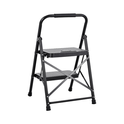 2 Step Ladder, Folding Step Stool with Wide Anti-Slip Pedal and Comfort Handgrip, Lightweight 272 kg Capacity Portable Steel Ladder, Multi-Use for Kitchen, Home, Household and Office, Black