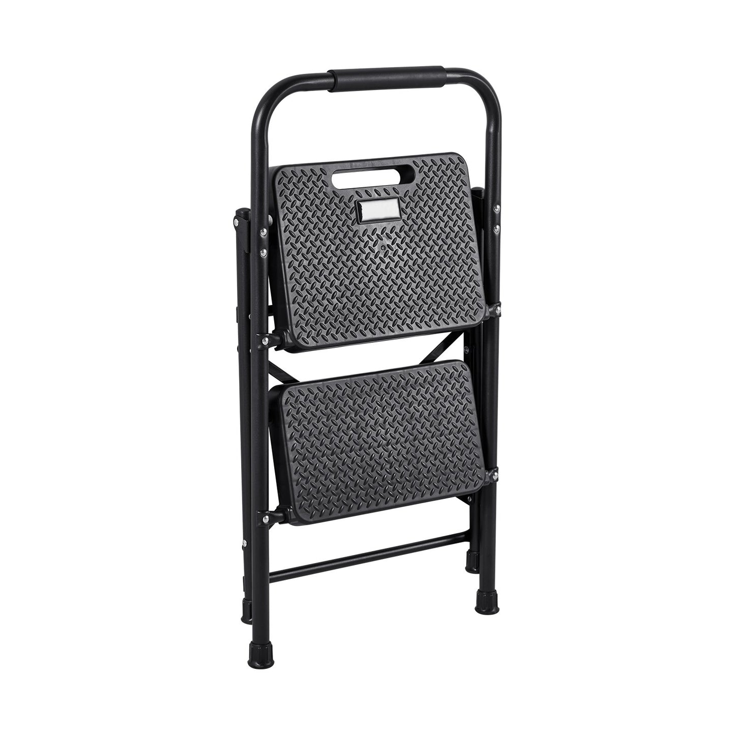 2 Step Ladder, Folding Step Stool with Wide Anti-Slip Pedal and Comfort Handgrip, Lightweight 272 kg Capacity Portable Steel Ladder, Multi-Use for Kitchen, Home, Household and Office, Black