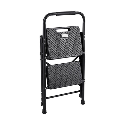 2 Step Ladder, Folding Step Stool with Wide Anti-Slip Pedal and Comfort Handgrip, Lightweight 272 kg Capacity Portable Steel Ladder, Multi-Use for Kitchen, Home, Household and Office, Black