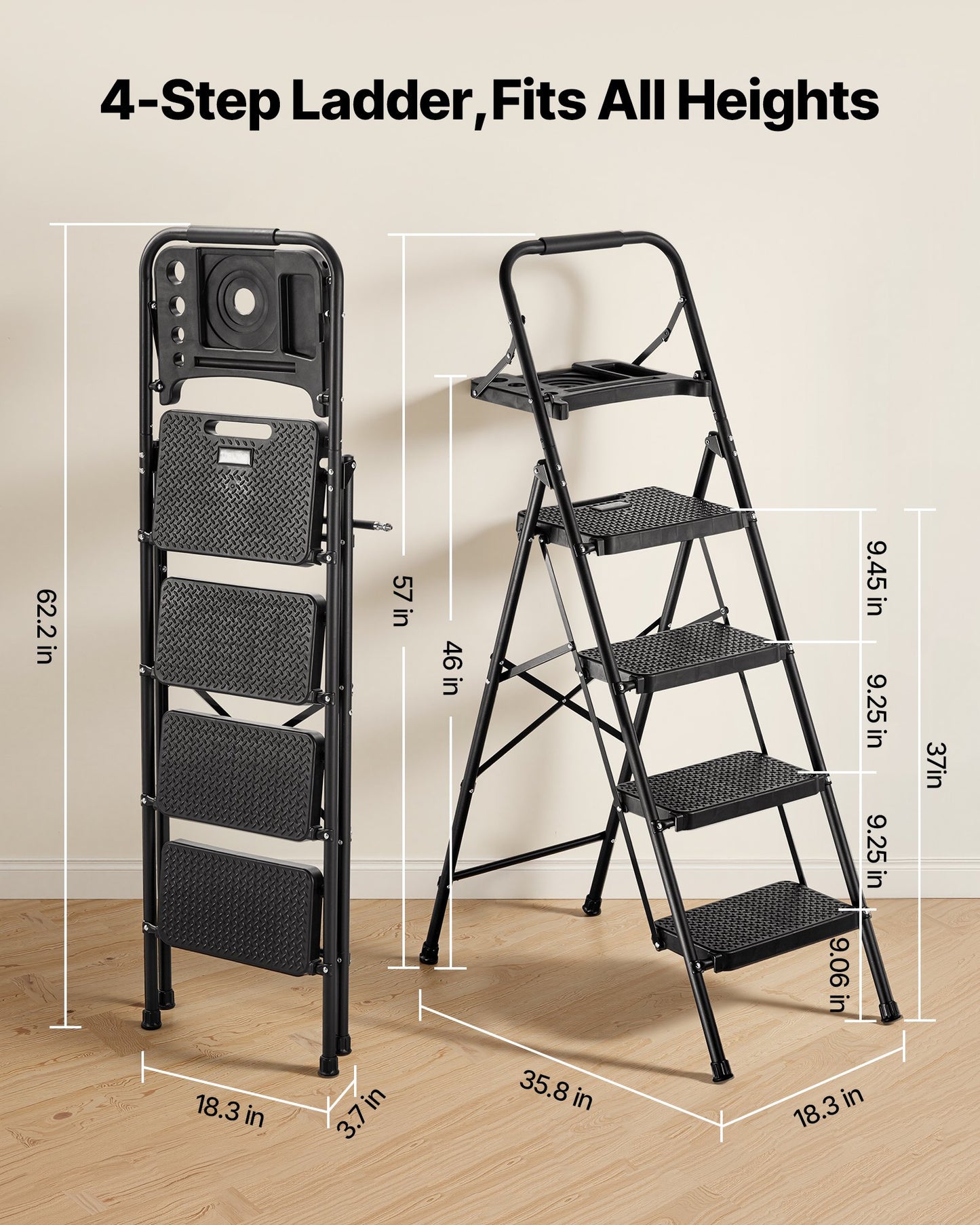 4 Step Ladder, Folding Step Stool with Wide Anti-Slip Pedal, Tool Tray, Comfort Handgrip, 272 kg Capacity Portable Steel Ladder, Multi-Use for Kitchen, Home, Household and Office, Black