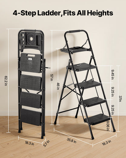 4 Step Ladder, Folding Step Stool with Wide Anti-Slip Pedal, Tool Tray, Comfort Handgrip, 272 kg Capacity Portable Steel Ladder, Multi-Use for Kitchen, Home, Household and Office, Black