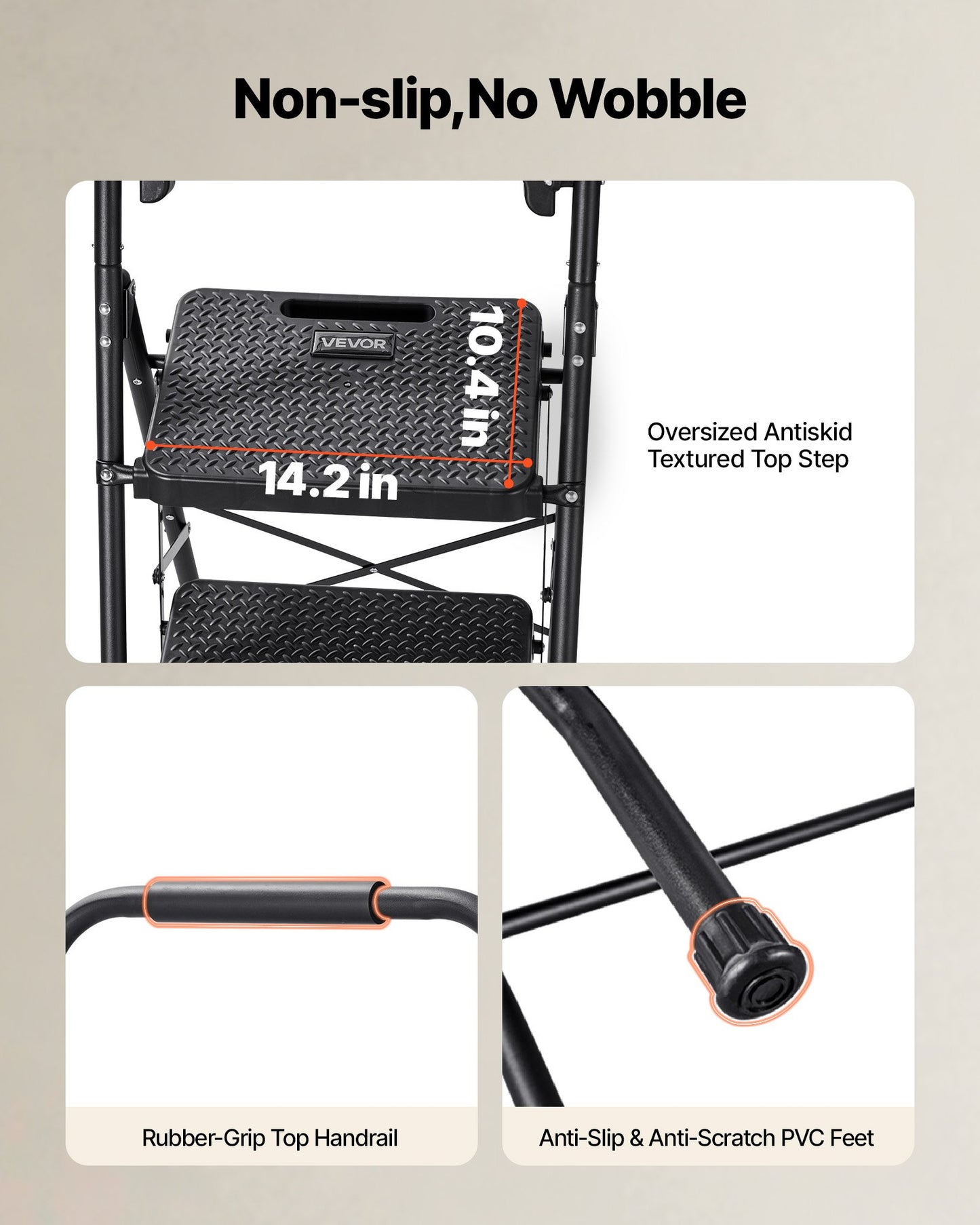 4 Step Ladder, Folding Step Stool with Wide Anti-Slip Pedal, Tool Tray, Comfort Handgrip, 272 kg Capacity Portable Steel Ladder, Multi-Use for Kitchen, Home, Household and Office, Black