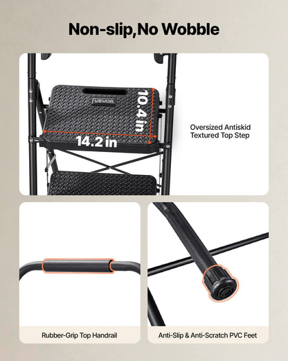 4 Step Ladder, Folding Step Stool with Wide Anti-Slip Pedal, Tool Tray, Comfort Handgrip, 272 kg Capacity Portable Steel Ladder, Multi-Use for Kitchen, Home, Household and Office, Black