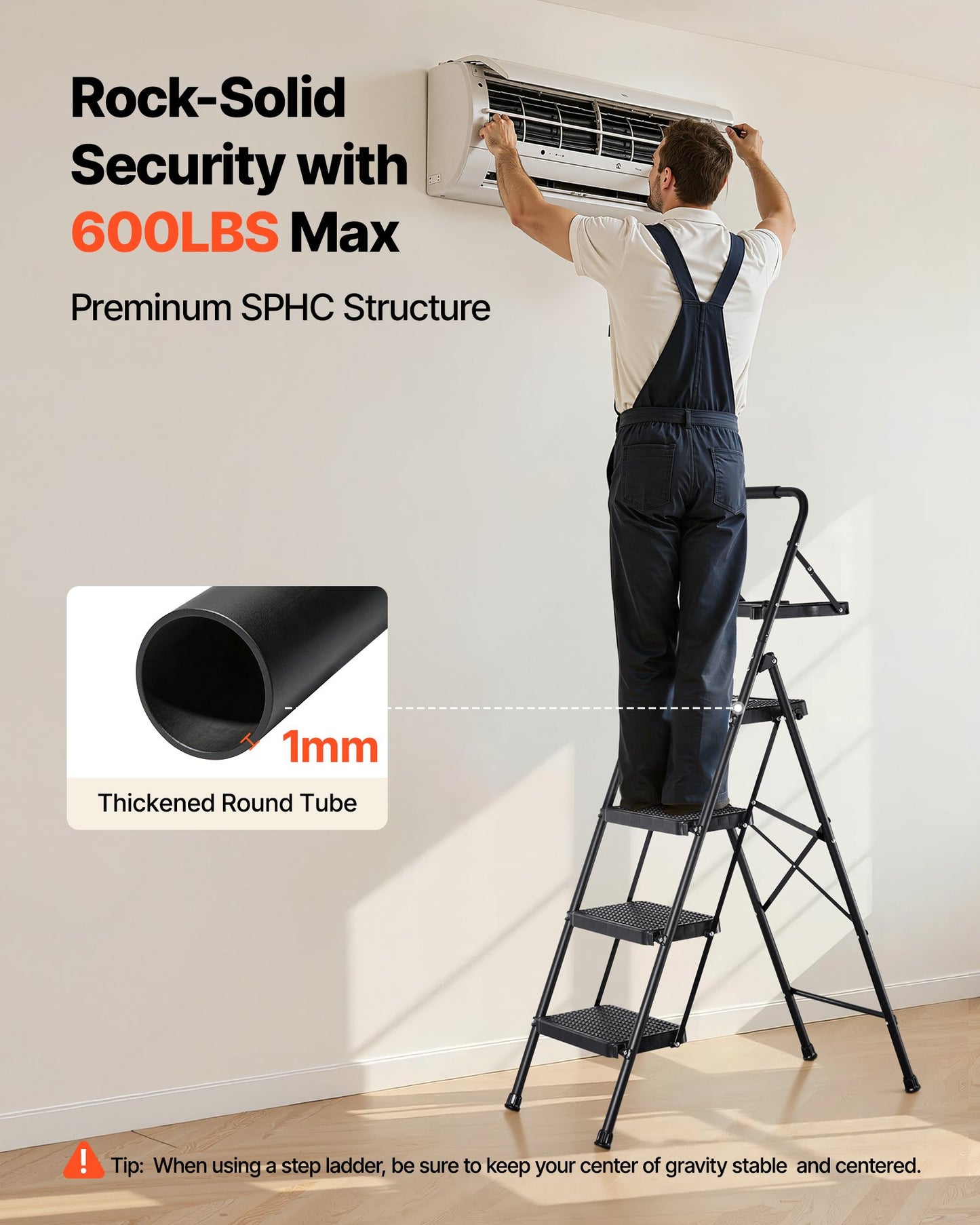 4 Step Ladder, Folding Step Stool with Wide Anti-Slip Pedal, Tool Tray, Comfort Handgrip, 272 kg Capacity Portable Steel Ladder, Multi-Use for Kitchen, Home, Household and Office, Black