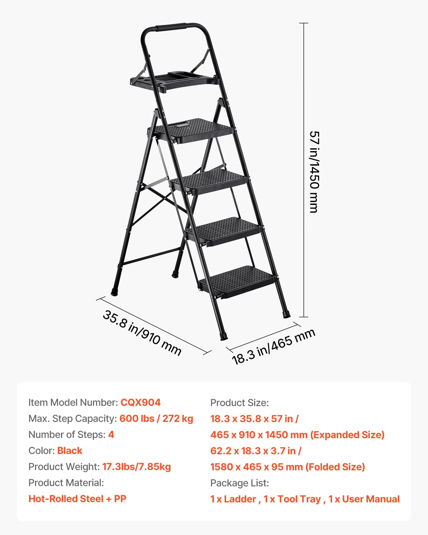 4 Step Ladder, Folding Step Stool with Wide Anti-Slip Pedal, Tool Tray, Comfort Handgrip, 272 kg Capacity Portable Steel Ladder, Multi-Use for Kitchen, Home, Household and Office, Black