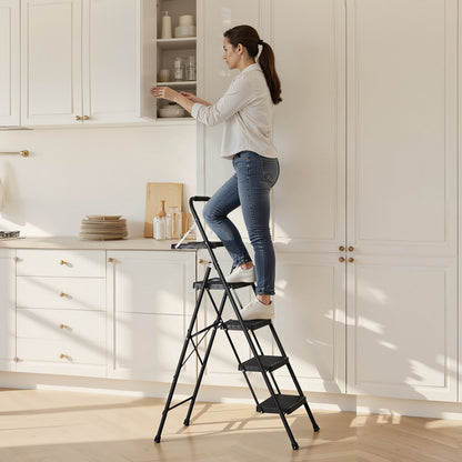 4 Step Ladder, Folding Step Stool with Wide Anti-Slip Pedal, Tool Tray, Comfort Handgrip, 272 kg Capacity Portable Steel Ladder, Multi-Use for Kitchen, Home, Household and Office, Black