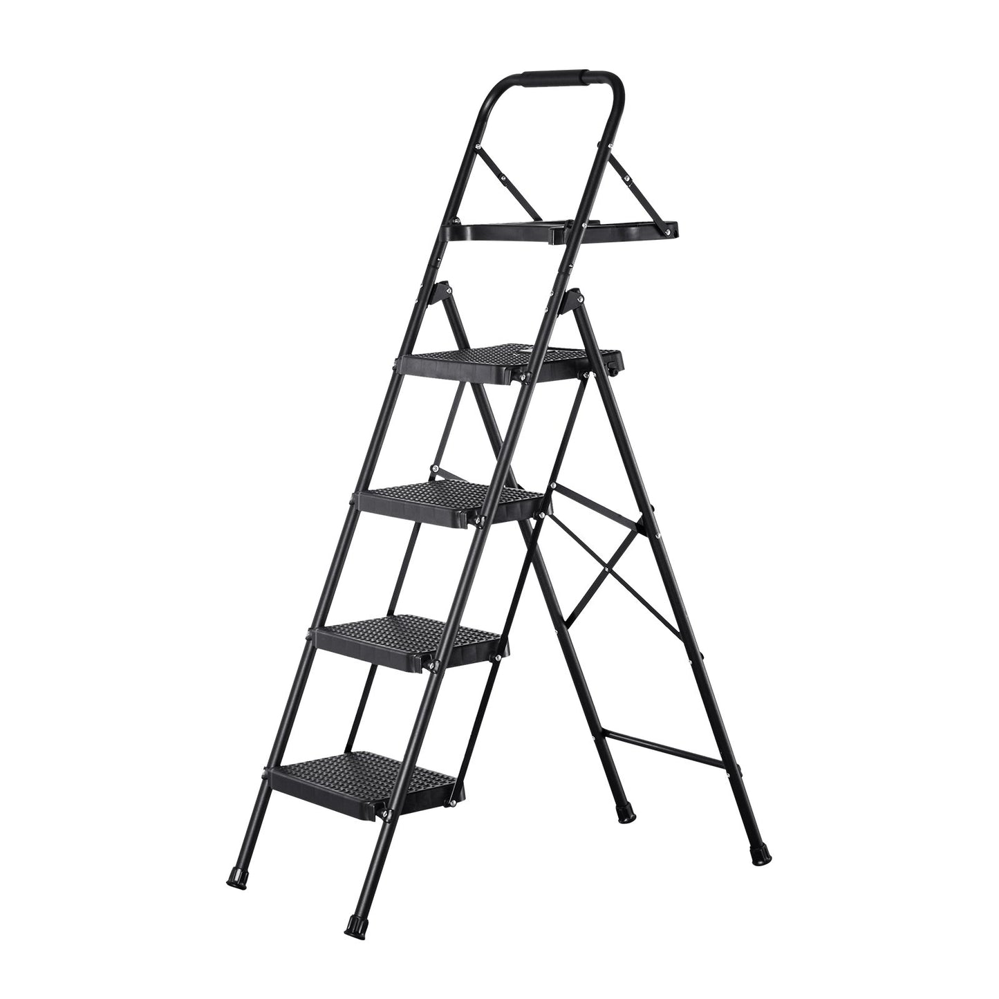 4 Step Ladder, Folding Step Stool with Wide Anti-Slip Pedal, Tool Tray, Comfort Handgrip, 272 kg Capacity Portable Steel Ladder, Multi-Use for Kitchen, Home, Household and Office, Black