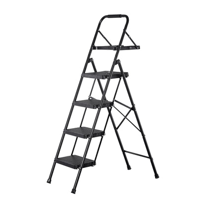 4 Step Ladder, Folding Step Stool with Wide Anti-Slip Pedal, Tool Tray, Comfort Handgrip, 272 kg Capacity Portable Steel Ladder, Multi-Use for Kitchen, Home, Household and Office, Black