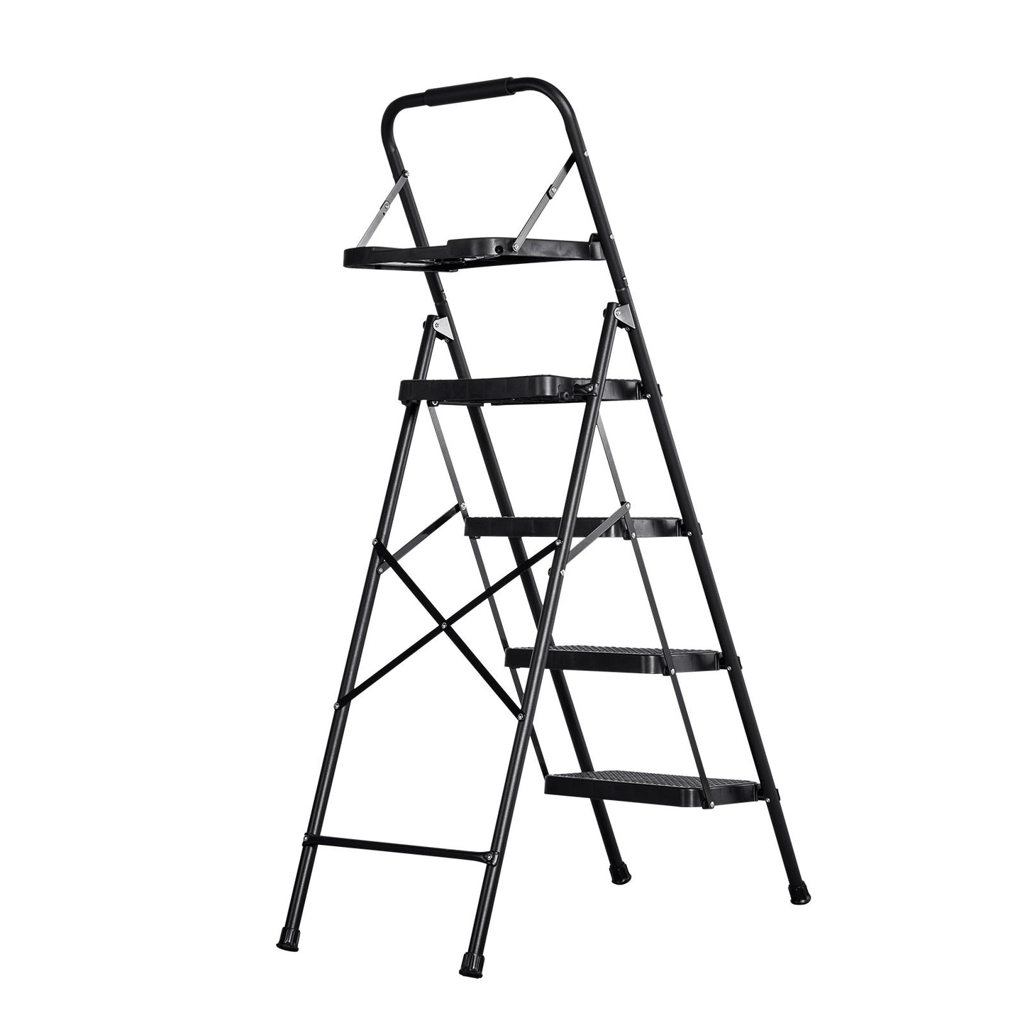 4 Step Ladder, Folding Step Stool with Wide Anti-Slip Pedal, Tool Tray, Comfort Handgrip, 272 kg Capacity Portable Steel Ladder, Multi-Use for Kitchen, Home, Household and Office, Black