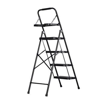 4 Step Ladder, Folding Step Stool with Wide Anti-Slip Pedal, Tool Tray, Comfort Handgrip, 272 kg Capacity Portable Steel Ladder, Multi-Use for Kitchen, Home, Household and Office, Black