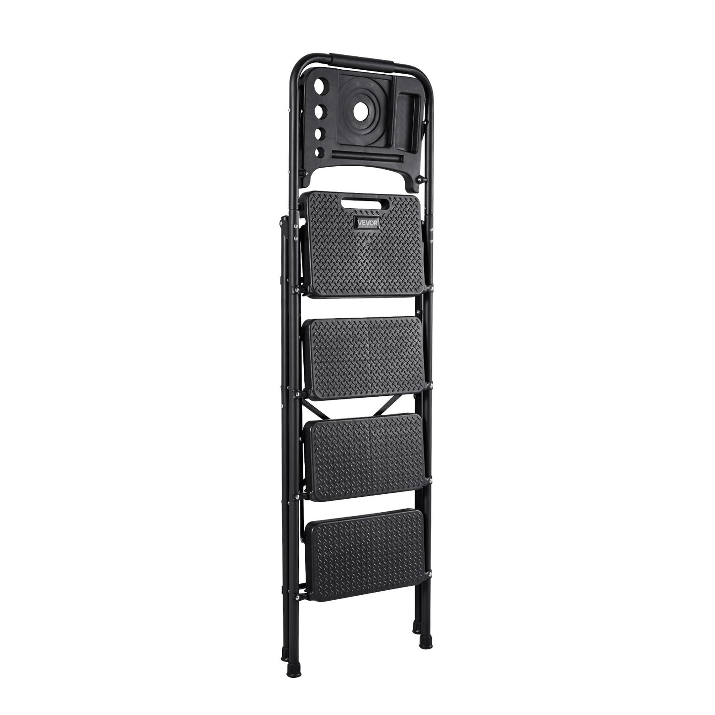 4 Step Ladder, Folding Step Stool with Wide Anti-Slip Pedal, Tool Tray, Comfort Handgrip, 272 kg Capacity Portable Steel Ladder, Multi-Use for Kitchen, Home, Household and Office, Black
