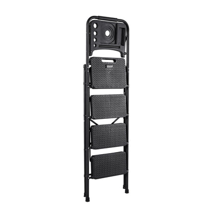 4 Step Ladder, Folding Step Stool with Wide Anti-Slip Pedal, Tool Tray, Comfort Handgrip, 272 kg Capacity Portable Steel Ladder, Multi-Use for Kitchen, Home, Household and Office, Black