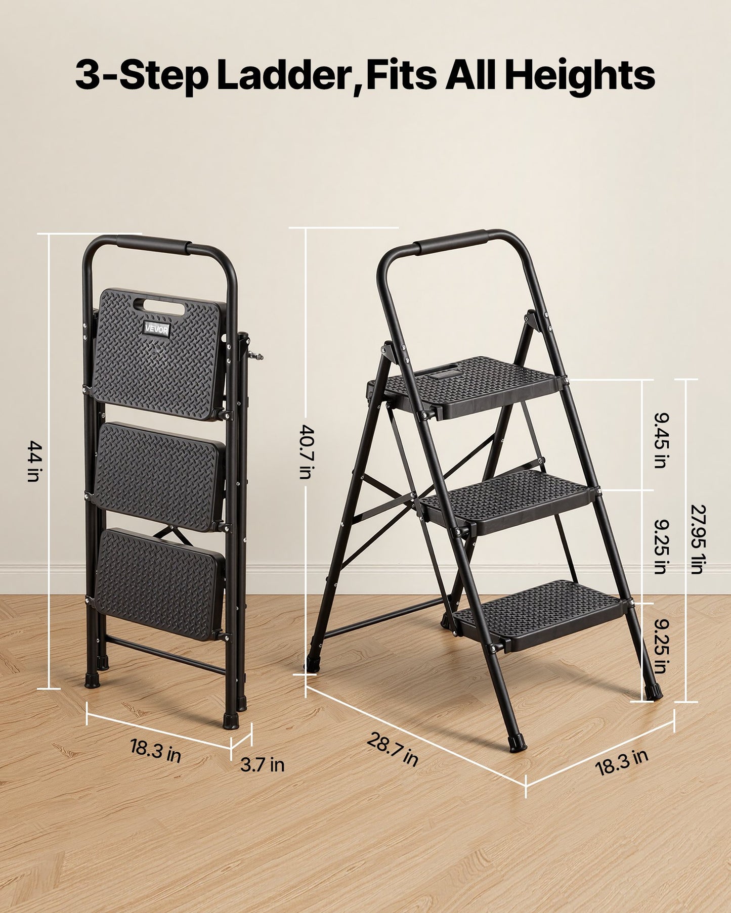 3 Step Ladder, Folding Step Stool with Wide Anti-Slip Pedal and Comfort Handgrip, Lightweight 272 kg Capacity Portable Steel Ladder, Multi-Use for Kitchen, Home, Household and Office, Black