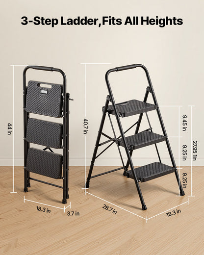 3 Step Ladder, Folding Step Stool with Wide Anti-Slip Pedal and Comfort Handgrip, Lightweight 272 kg Capacity Portable Steel Ladder, Multi-Use for Kitchen, Home, Household and Office, Black