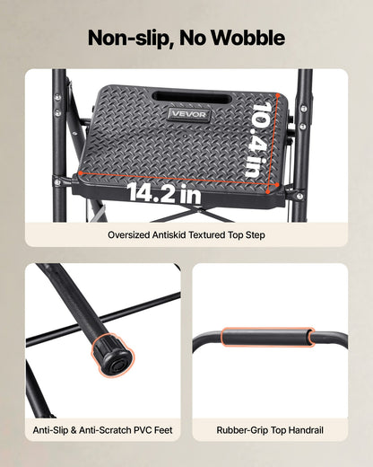 3 Step Ladder, Folding Step Stool with Wide Anti-Slip Pedal and Comfort Handgrip, Lightweight 272 kg Capacity Portable Steel Ladder, Multi-Use for Kitchen, Home, Household and Office, Black