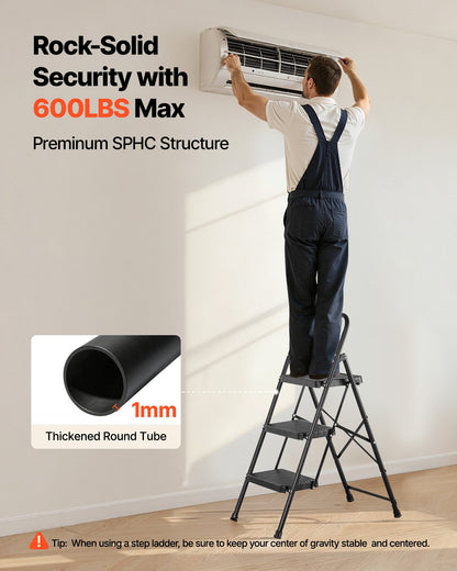 3 Step Ladder, Folding Step Stool with Wide Anti-Slip Pedal and Comfort Handgrip, Lightweight 272 kg Capacity Portable Steel Ladder, Multi-Use for Kitchen, Home, Household and Office, Black