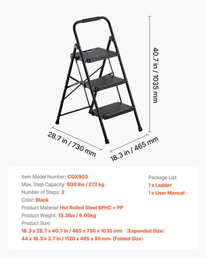 3 Step Ladder, Folding Step Stool with Wide Anti-Slip Pedal and Comfort Handgrip, Lightweight 272 kg Capacity Portable Steel Ladder, Multi-Use for Kitchen, Home, Household and Office, Black