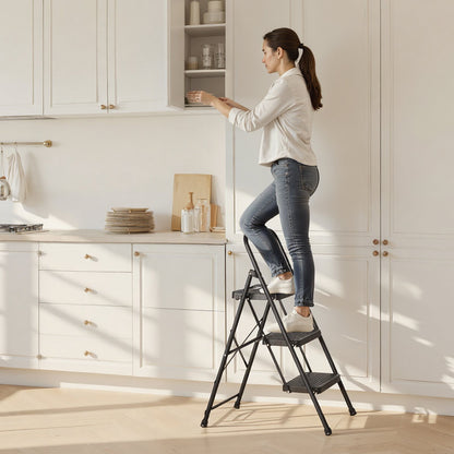 3 Step Ladder, Folding Step Stool with Wide Anti-Slip Pedal and Comfort Handgrip, Lightweight 272 kg Capacity Portable Steel Ladder, Multi-Use for Kitchen, Home, Household and Office, Black