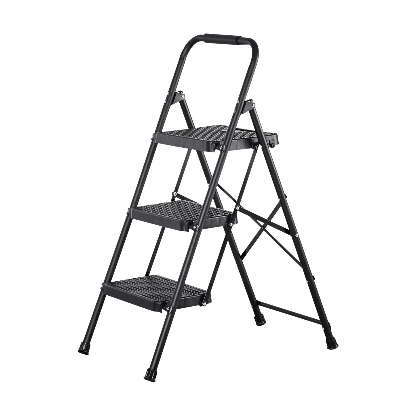 3 Step Ladder, Folding Step Stool with Wide Anti-Slip Pedal and Comfort Handgrip, Lightweight 272 kg Capacity Portable Steel Ladder, Multi-Use for Kitchen, Home, Household and Office, Black