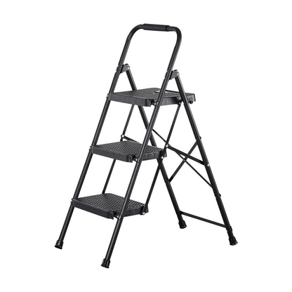 3 Step Ladder, Folding Step Stool with Wide Anti-Slip Pedal and Comfort Handgrip, Lightweight 272 kg Capacity Portable Steel Ladder, Multi-Use for Kitchen, Home, Household and Office, Black