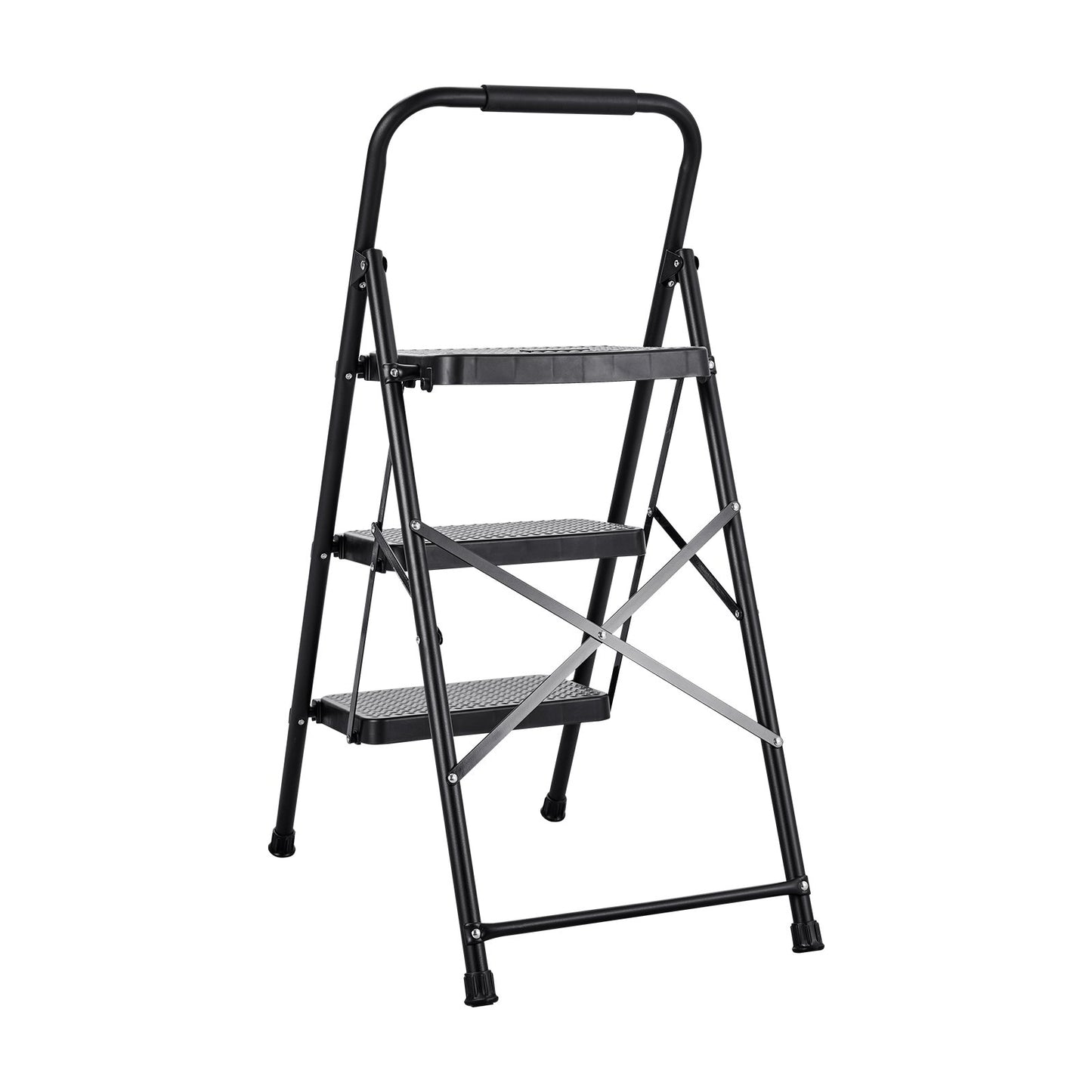 3 Step Ladder, Folding Step Stool with Wide Anti-Slip Pedal and Comfort Handgrip, Lightweight 272 kg Capacity Portable Steel Ladder, Multi-Use for Kitchen, Home, Household and Office, Black