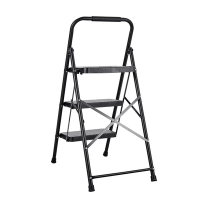 3 Step Ladder, Folding Step Stool with Wide Anti-Slip Pedal and Comfort Handgrip, Lightweight 272 kg Capacity Portable Steel Ladder, Multi-Use for Kitchen, Home, Household and Office, Black