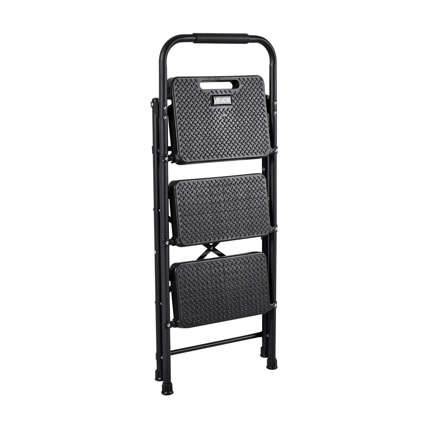 3 Step Ladder, Folding Step Stool with Wide Anti-Slip Pedal and Comfort Handgrip, Lightweight 272 kg Capacity Portable Steel Ladder, Multi-Use for Kitchen, Home, Household and Office, Black