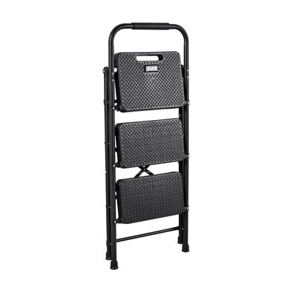 3 Step Ladder, Folding Step Stool with Wide Anti-Slip Pedal and Comfort Handgrip, Lightweight 272 kg Capacity Portable Steel Ladder, Multi-Use for Kitchen, Home, Household and Office, Black