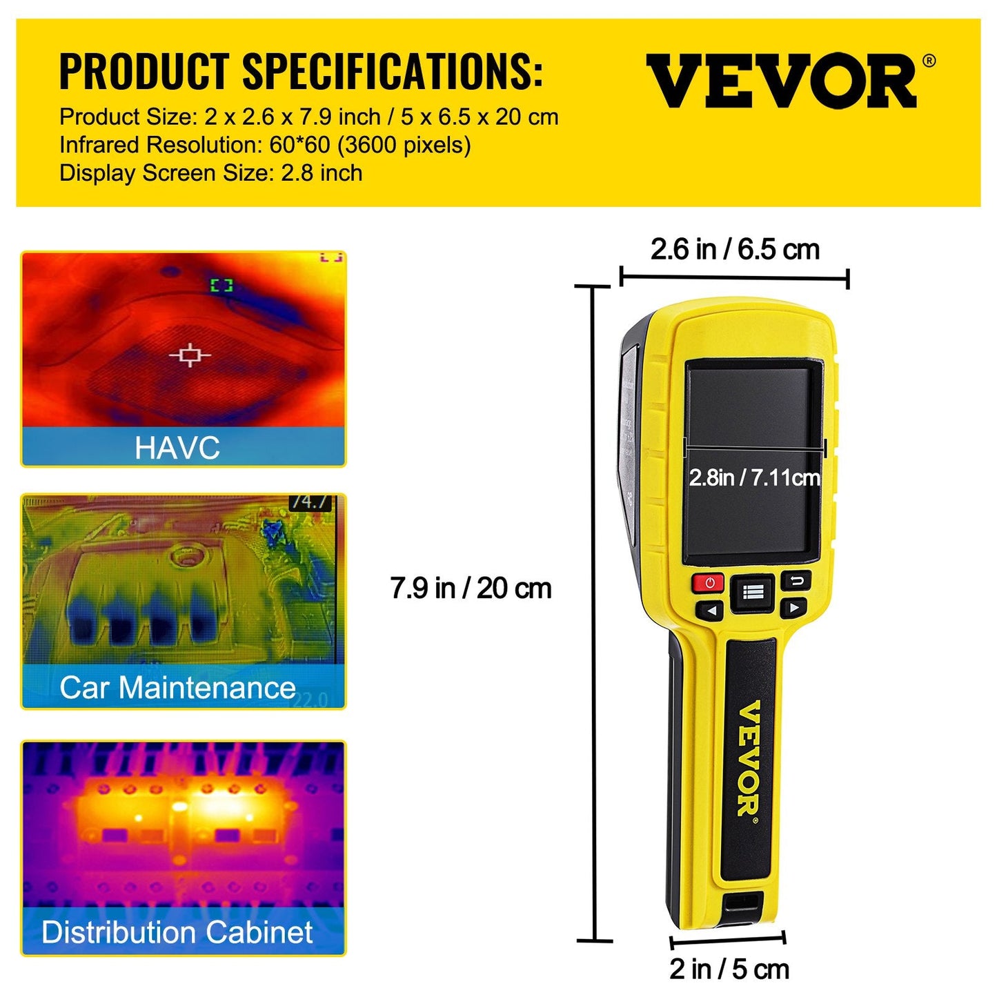 Thermal Imaging Camera with 3600 Pixels, 2.8m Display for HVAC & Electrical Use
