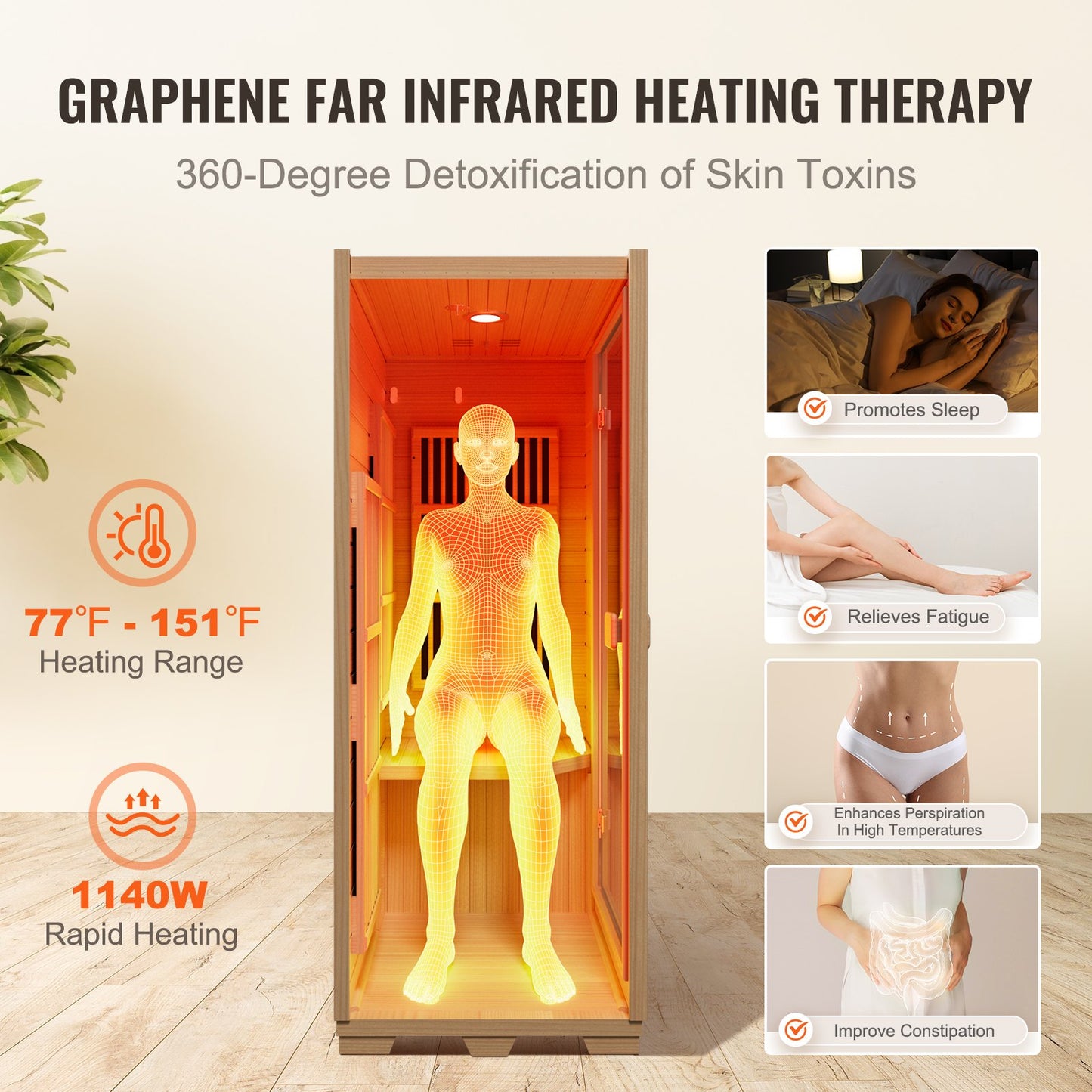 VEVOR Far Infrared Wooden Sauna, Room Home Sauna Spa for One Single Person, Low