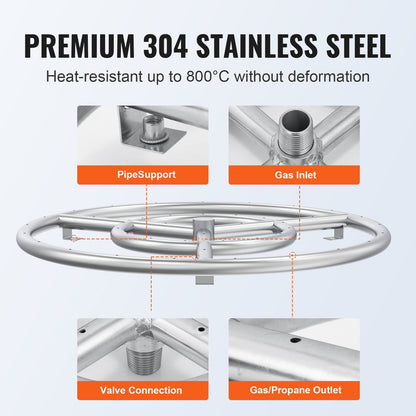 18" Round Stainless Steel Fire Pit Burner Kit, 150,000 BTU for Indoor/Outdoor