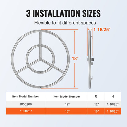 18" Round Stainless Steel Fire Pit Burner Kit, 150,000 BTU for Indoor/Outdoor