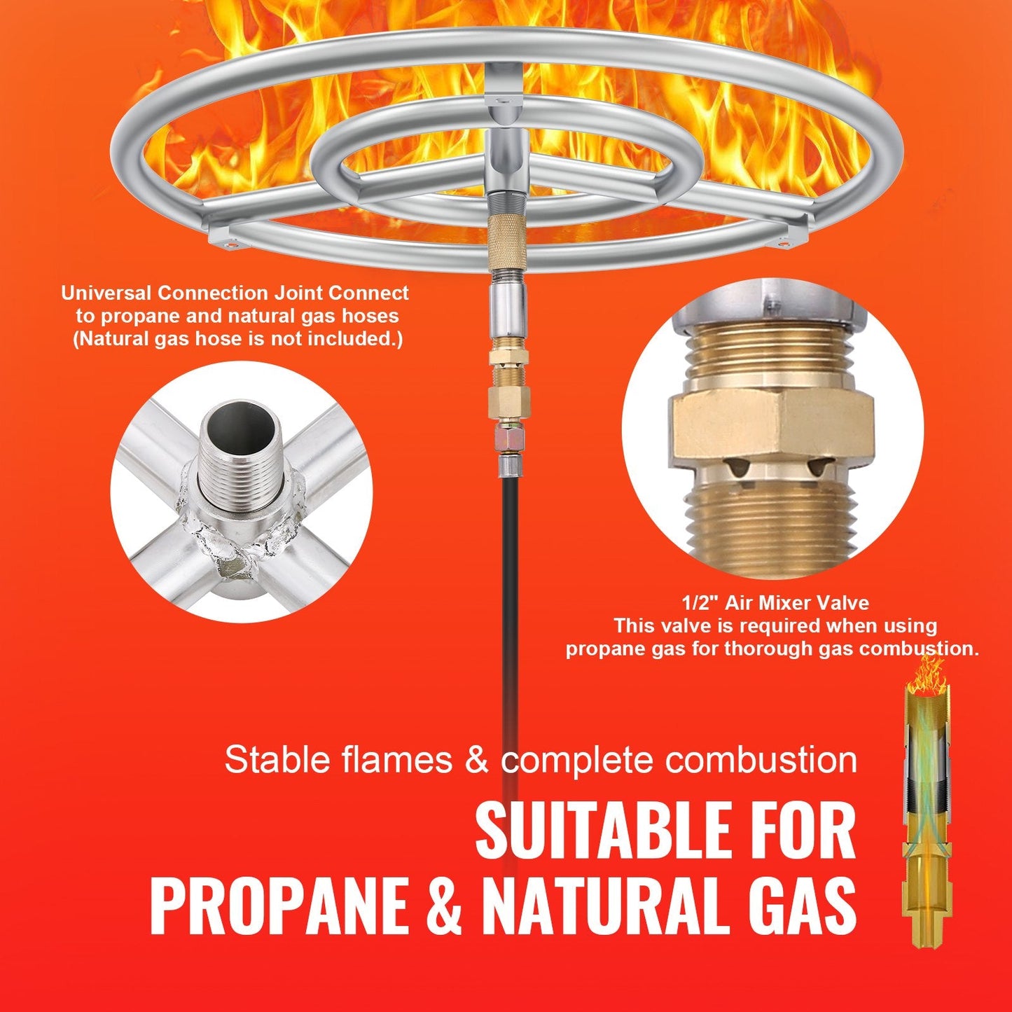 18" Round Stainless Steel Fire Pit Burner Kit, 150,000 BTU for Indoor/Outdoor