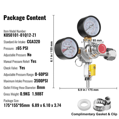 VEVOR Double Gauge Regulator, CO2 Regulator Gauge with 0-60PSI, Heavy Duty CO2 Gauge