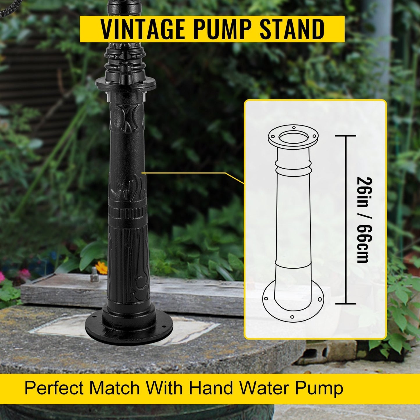 Vintage Black Cast Iron Hand Water Pump Stand for Garden, 0.66m Tall