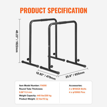 VEVOR Dip Bars, 200 kg Capacity, Heave Duty Dip Stand Station with Adjustable Height,