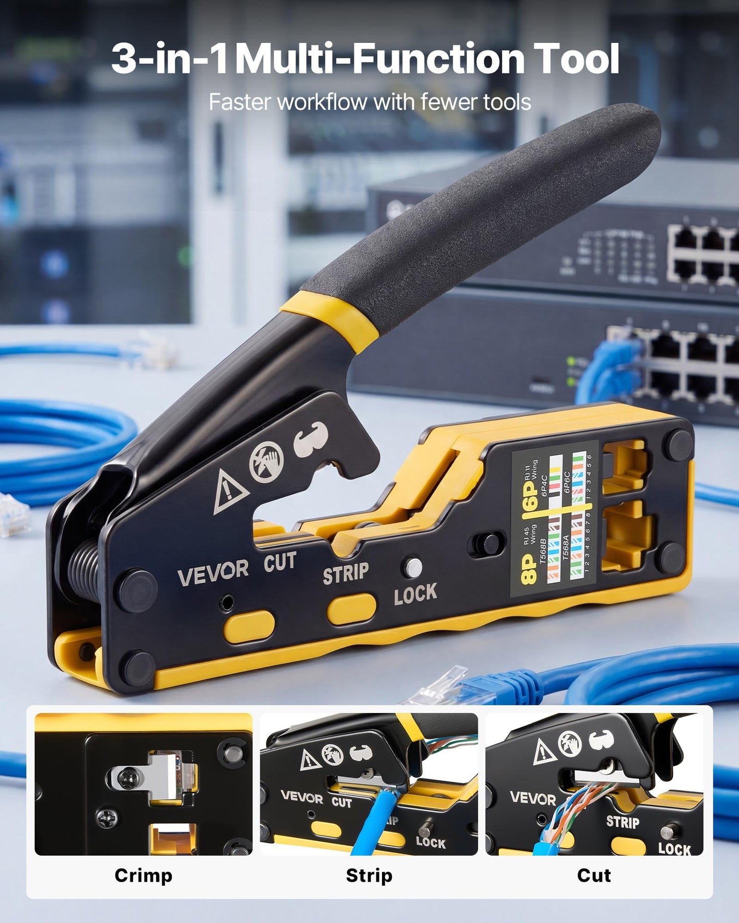 Crimping Tool, RJ45/RJ11/RJ12 Ethernet Crimper, Crimp Tool Kit for 4/6/8-Pin Modular Plugs, with Mini Wire Stripper, 50 Connectors and 50 Boots, Replacement Blades, and Network Cable Tester
