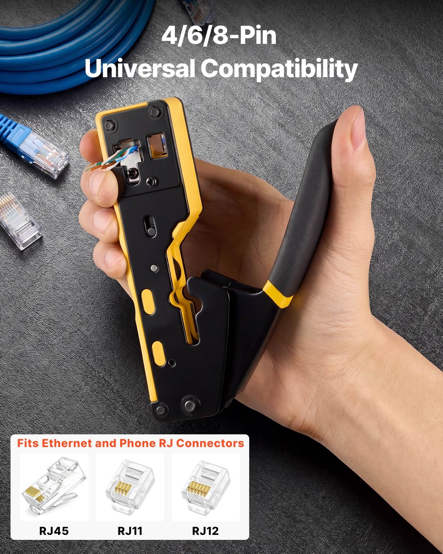 Crimping Tool, RJ45/RJ11/RJ12 Ethernet Crimper, Crimp Tool Kit for 4/6/8-Pin Modular Plugs, with Mini Wire Stripper, 50 Connectors and 50 Boots, Replacement Blades, and Network Cable Tester